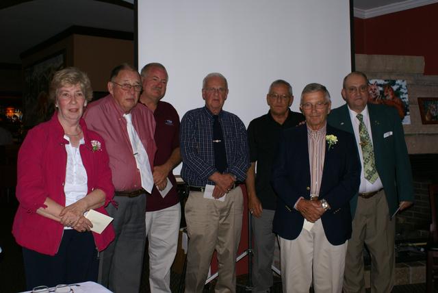 Honor Roll Members receiving gold trimmed "Challenge Coins" 5/18/2012 L-R Mary Kent-posthumously for her husband Harrison Kent, Jack Sweeny, Mike Boon-posthumously for his brother Robert Boon, Gene Goff, Don Fina for himself and posthumously for his brother Tom Fina, Chet Fobare, and John Wamsganz